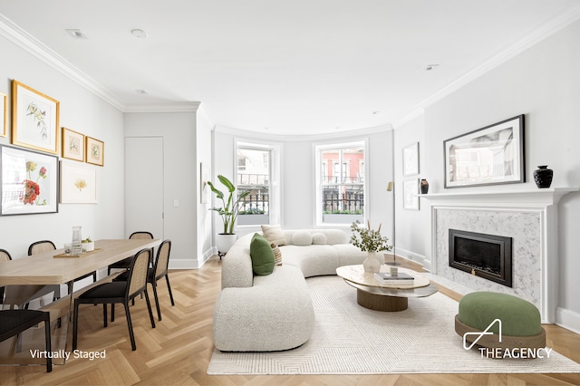 303 W 80th St Unit 2B1B, New York City, NY 10024 - living area with crown molding, a fireplace, and baseboards
