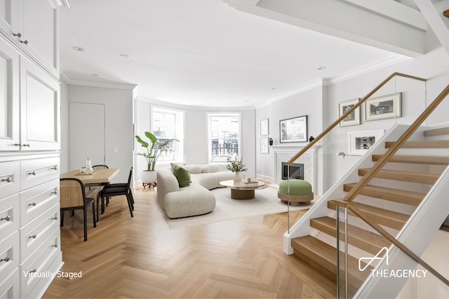 303 W 80th St Unit 2B1B, New York City, NY 10024 - living area with ornamental molding, stairway, baseboards, and recessed lighting