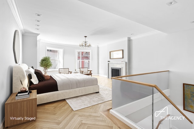 303 W 80th St Unit 2B1B, New York City, NY 10024 - bedroom featuring ornamental molding, a chandelier, baseboards, and a fireplace