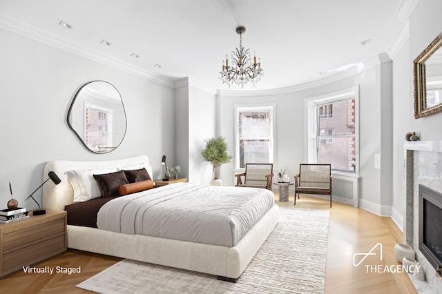 303 W 80th St Unit 2B1B, New York City, NY 10024 - bedroom with a chandelier, ornamental molding, radiator, a fireplace with flush hearth, and baseboards