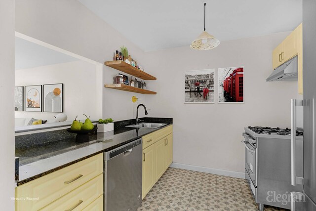 1400 5th Ave Unit 4G, New York City, NY 10026 - kitchen featuring appliances with stainless steel finishes, under cabinet range hood, a sink, light floors, and open shelves