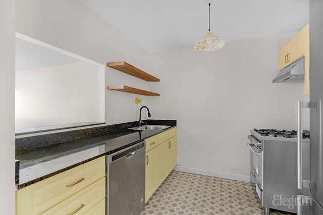 1400 5th Ave Unit 4G, New York City, NY 10026 - kitchen featuring appliances with stainless steel finishes, a sink, under cabinet range hood, light flooring, and open shelves