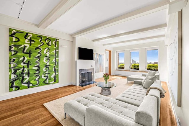25 E End Ave Unit 10E, New York City, NY 10075 - living area with beam ceiling, a premium fireplace, wood finished floors, and baseboards