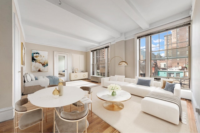 170 W 74th St Unit 505, New York City, NY 10023 - living room with beamed ceiling, wood finished floors, and a view of city