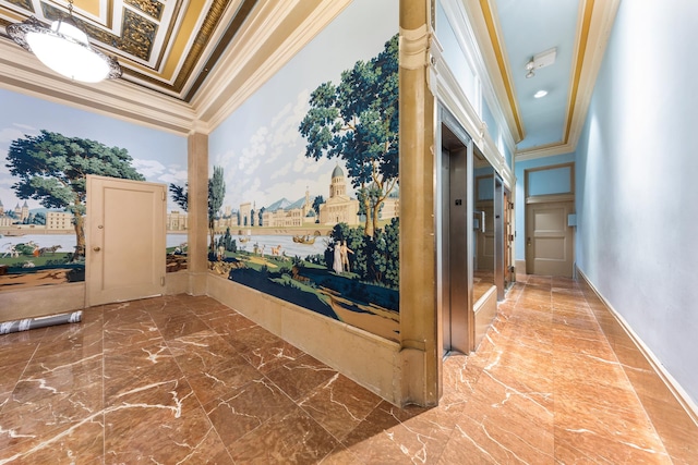 170 W 74th St Unit 505, New York City, NY 10023 - hall with crown molding and marble tiled floors