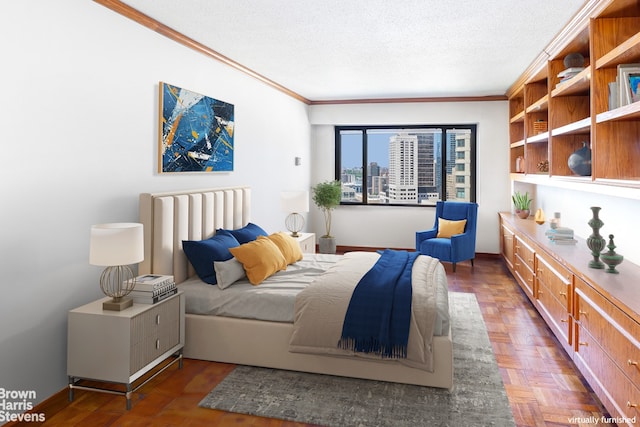20 W 64th St Unit 20K, New York City, NY 10023 - bedroom with ornamental molding, a textured ceiling, and baseboards