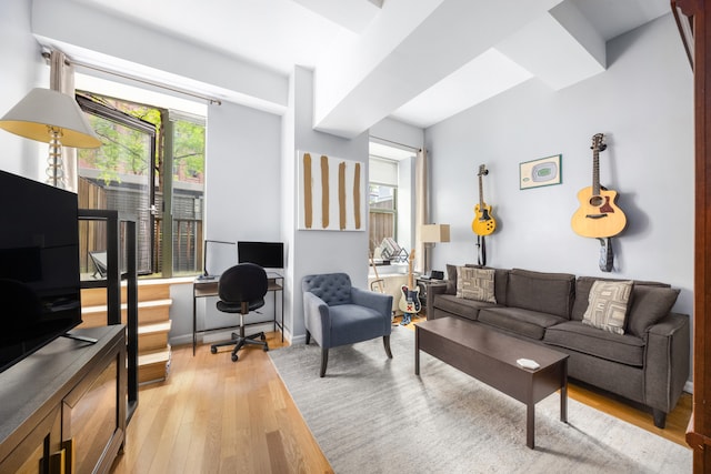 99 John St Unit 524, New York City, NY 10038 - living room featuring light wood-type flooring, an office area, and baseboards