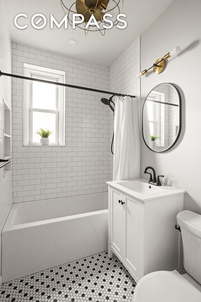 72-17 34th Ave Unit 1P, New York City, NY 11372 - bathroom featuring vanity, shower / bath combination with curtain, and a chandelier