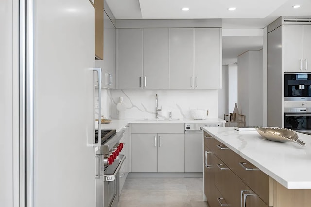 422 E 72nd St Unit 37Ad, New York City, NY 10021 - kitchen with a sink, stainless steel appliances, modern cabinets, backsplash, and recessed lighting