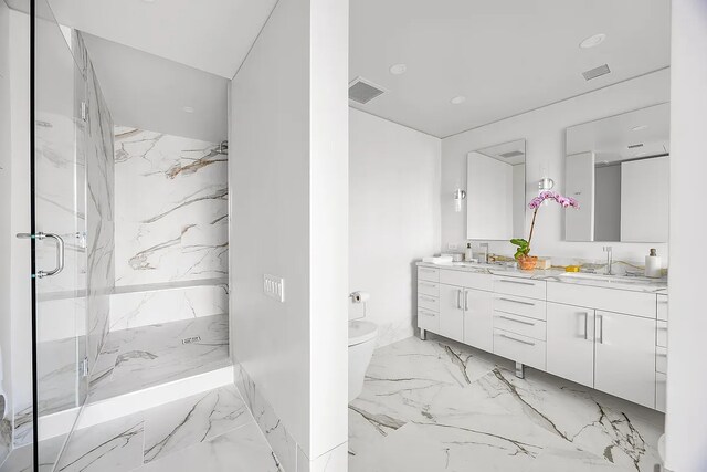 422 E 72nd St Unit 37Ad, New York City, NY 10021 - full bath with marble tiled flooring, double vanity, a marble finish shower, toilet, and recessed lighting
