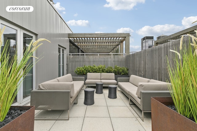 345 W 13th St Unit Ph6B, New York City, NY 10014 - fenced backyard featuring an outdoor living space, a pergola, and a patio area