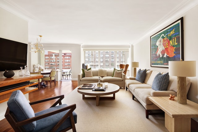200 E 66th St Unit B904, New York City, NY 10065 - living room featuring crown molding, wood finished floors, and a chandelier