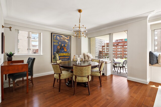 200 E 66th St Unit B904, New York City, NY 10065 - dining space with crown molding, a chandelier, hardwood / wood-style flooring, and baseboards