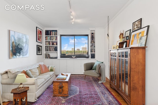 158-18 Riverside Dr W Unit 2M, New York City, NY 10032 - living area with built in shelves, wood finished floors, rail lighting, and ornamental molding
