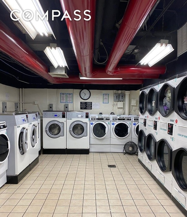 201 W 70th St Unit 8L, New York City, NY 10023 - community laundry with independent washer and dryer and light tile patterned floors