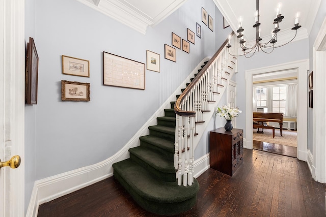 1 Lexington Ave Unit 1/2D, New York City, NY 10010 - staircase featuring wood-type flooring, a chandelier, ornamental molding, and baseboards