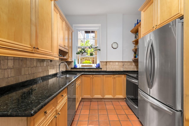 1 Lexington Ave Unit 1/2D, New York City, NY 10010 - kitchen with appliances with stainless steel finishes, a sink, open shelves, decorative backsplash, and light tile patterned floors