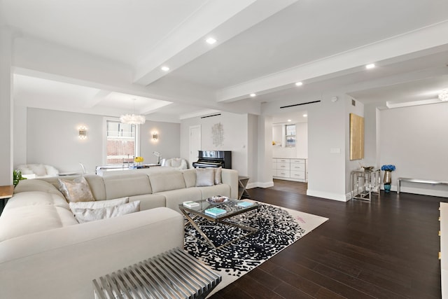 10 W 86th St Unit 15A, New York City, NY 10024 - living area with beamed ceiling, dark wood-style flooring, recessed lighting, a chandelier, and baseboards