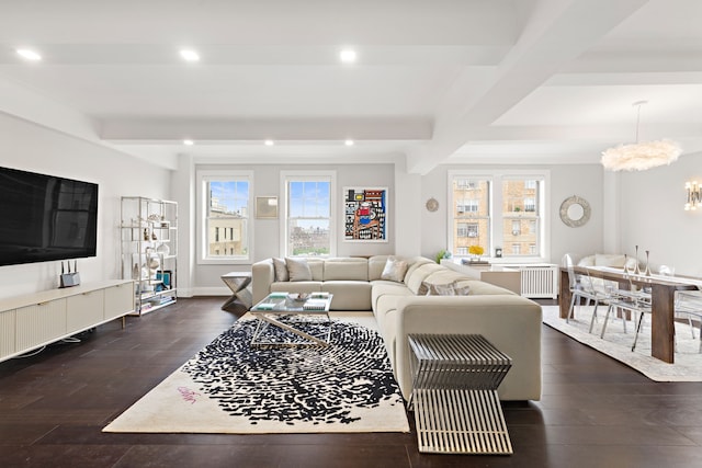 10 W 86th St Unit 15A, New York City, NY 10024 - living area featuring a chandelier, beamed ceiling, wood-type flooring, recessed lighting, and baseboards
