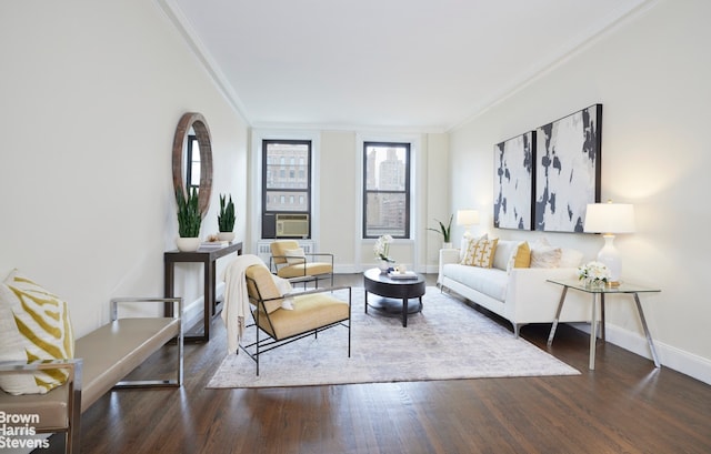 970 Park Ave Unit 8N, New York City, NY 10028 - living room featuring crown molding, wood finished floors, baseboards, and cooling unit