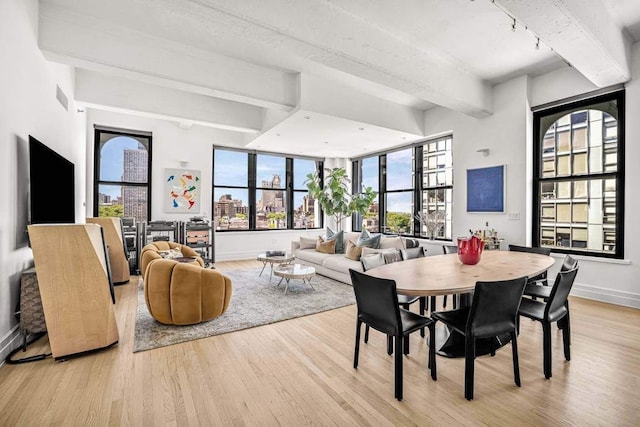 30 Main St Unit 11F, New York City, NY 11201 - dining area with light wood finished floors, beam ceiling, plenty of natural light, baseboards, and track lighting