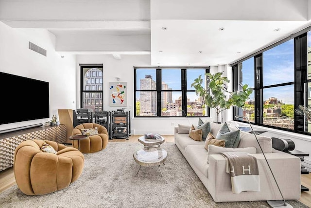 30 Main St Unit 11F, New York City, NY 11201 - living room with wood finished floors, beam ceiling, and a city view