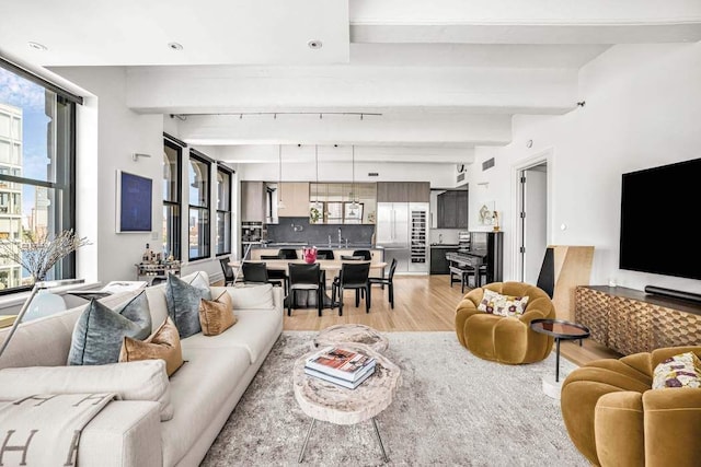 30 Main St Unit 11F, New York City, NY 11201 - living room with light wood-type flooring, beamed ceiling, and rail lighting