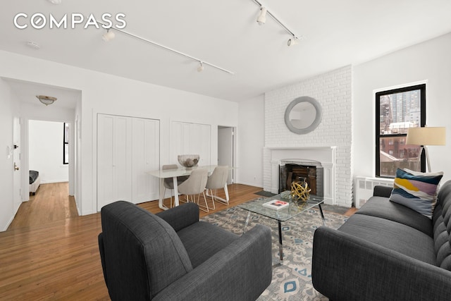 234 E 35th St Unit 3, New York City, NY 10016 - living area with rail lighting, wood finished floors, radiator heating unit, and a fireplace