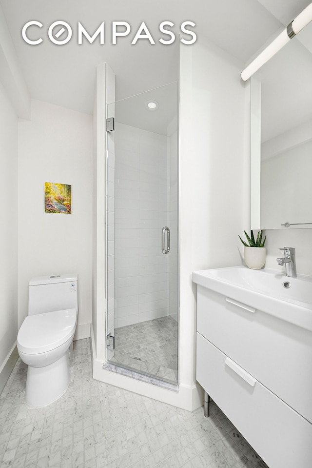 9511 Shore Rd Unit 505, New York City, NY 11209 - full bath with vanity, baseboards, toilet, a stall shower, and recessed lighting