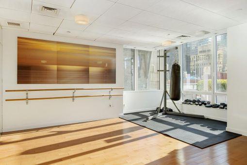 247 W 46th St Unit 3505, New York City, NY 10036 - workout room featuring wood finished floors