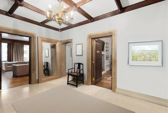 480 Park Ave Unit 15E, New York City, NY 10022 - tiled bedroom featuring a chandelier, coffered ceiling, and beamed ceiling