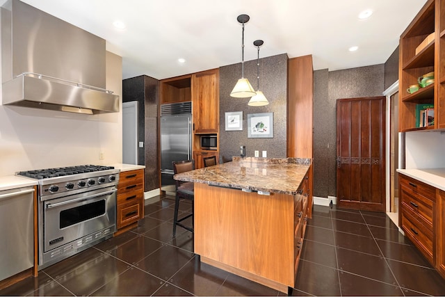 480 Park Ave Unit 15E, New York City, NY 10022 - kitchen with open shelves, high quality appliances, wall chimney range hood, a breakfast bar area, and brown cabinetry