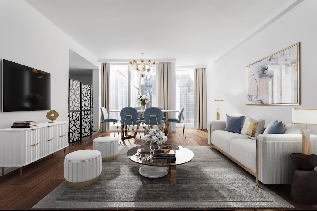 1 W End Ave Unit 14E, New York City, NY 10023 - living area featuring a chandelier and wood finished floors
