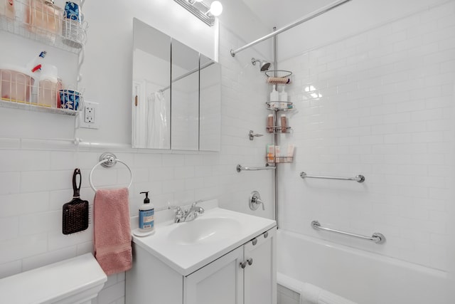 2109 Broadway Unit 6135, New York City, NY 10023 - full bathroom featuring tile walls, vanity, shower / bath combo with shower curtain, toilet, and backsplash