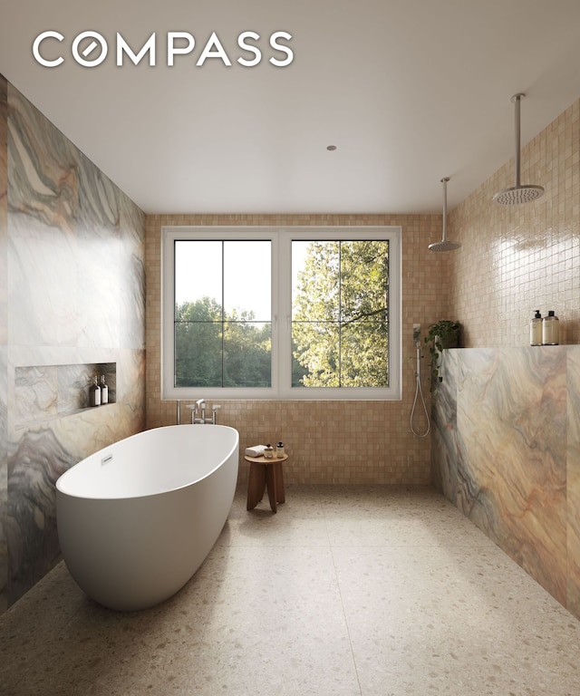 17 Douglass St, New York City, NY 11231 - bathroom with tile walls, a tile shower, and a soaking tub