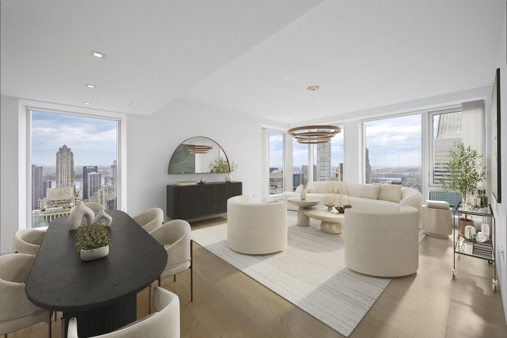 138 E 50th St Unit Tr67, New York City, NY 10022 - living area featuring light wood-style floors, a skyline view, and recessed lighting