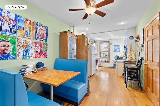 238 26th St, New York City, NY 11232 - dining area featuring light wood-style floors, a ceiling fan, recessed lighting, and an office area