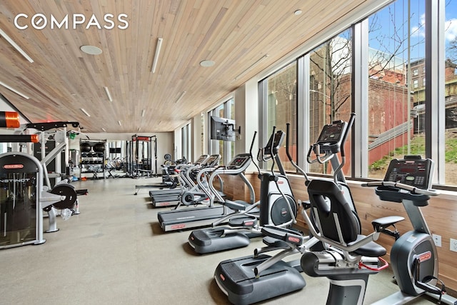 90 Furman St Unit N107, New York City, NY 11201 - exercise room featuring expansive windows, plenty of natural light, and wooden ceiling