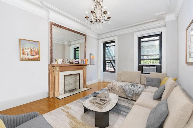255 W 108th St Unit 2F, New York City, NY 10025 - living area with a chandelier, cooling unit, ornamental molding, and a tiled fireplace
