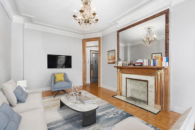 255 W 108th St Unit 2F, New York City, NY 10025 - living area with a chandelier, crown molding, and a fireplace