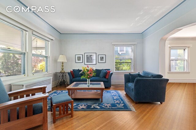 492 Westminster Rd, New York City, NY 11218 - living area with baseboards, wood finished floors, and arched walkways