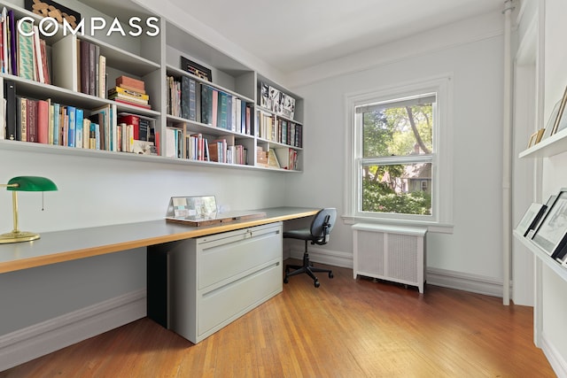492 Westminster Rd, New York City, NY 11218 - office featuring built in desk, radiator heating unit, light wood finished floors, and baseboards