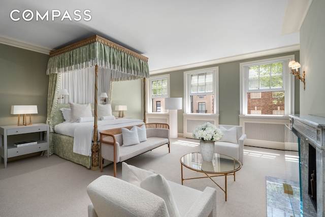 46 E 71st St, New York City, NY 10021 - carpeted bedroom featuring a premium fireplace and crown molding