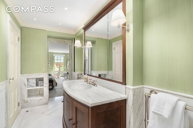 46 E 71st St, New York City, NY 10021 - bathroom with vanity, crown molding, and wainscoting