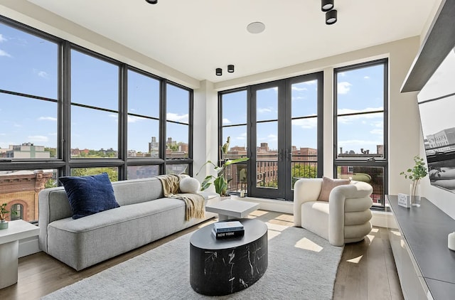 1411 Bushwick Ave Unit 4A, New York City, NY 11207 - sunroom with hardwood / wood-style flooring, a city view, and french doors