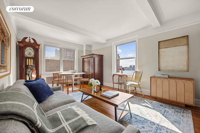 304 W 75th St Unit 9H, New York City, NY 10023 - living area with beam ceiling, plenty of natural light, wood finished floors, and baseboards