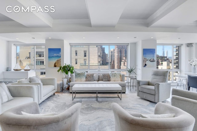 201 E 80th St Unit 16E, New York City, NY 10075 - living area with crown molding, a city view, and recessed lighting