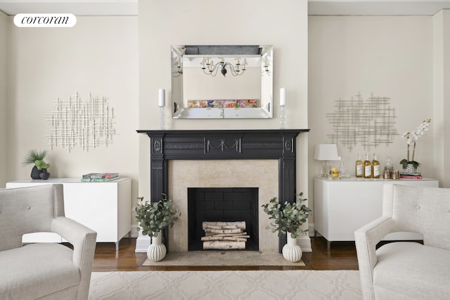 125 E 74th St Unit 2B, New York City, NY 10021 - living area with wood finished floors, a fireplace, and a bar