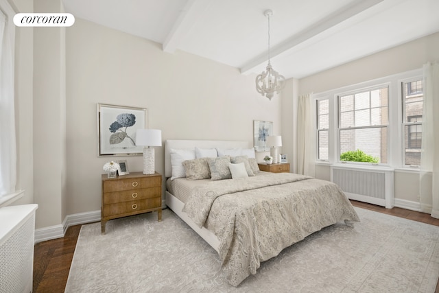 125 E 74th St Unit 2B, New York City, NY 10021 - bedroom featuring radiator heating unit, beam ceiling, a chandelier, baseboards, and wood finished floors