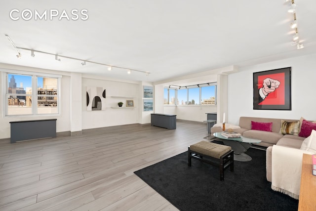 142 E 16th St Unit 22B, New York City, NY 10003 - living room featuring rail lighting and wood finished floors